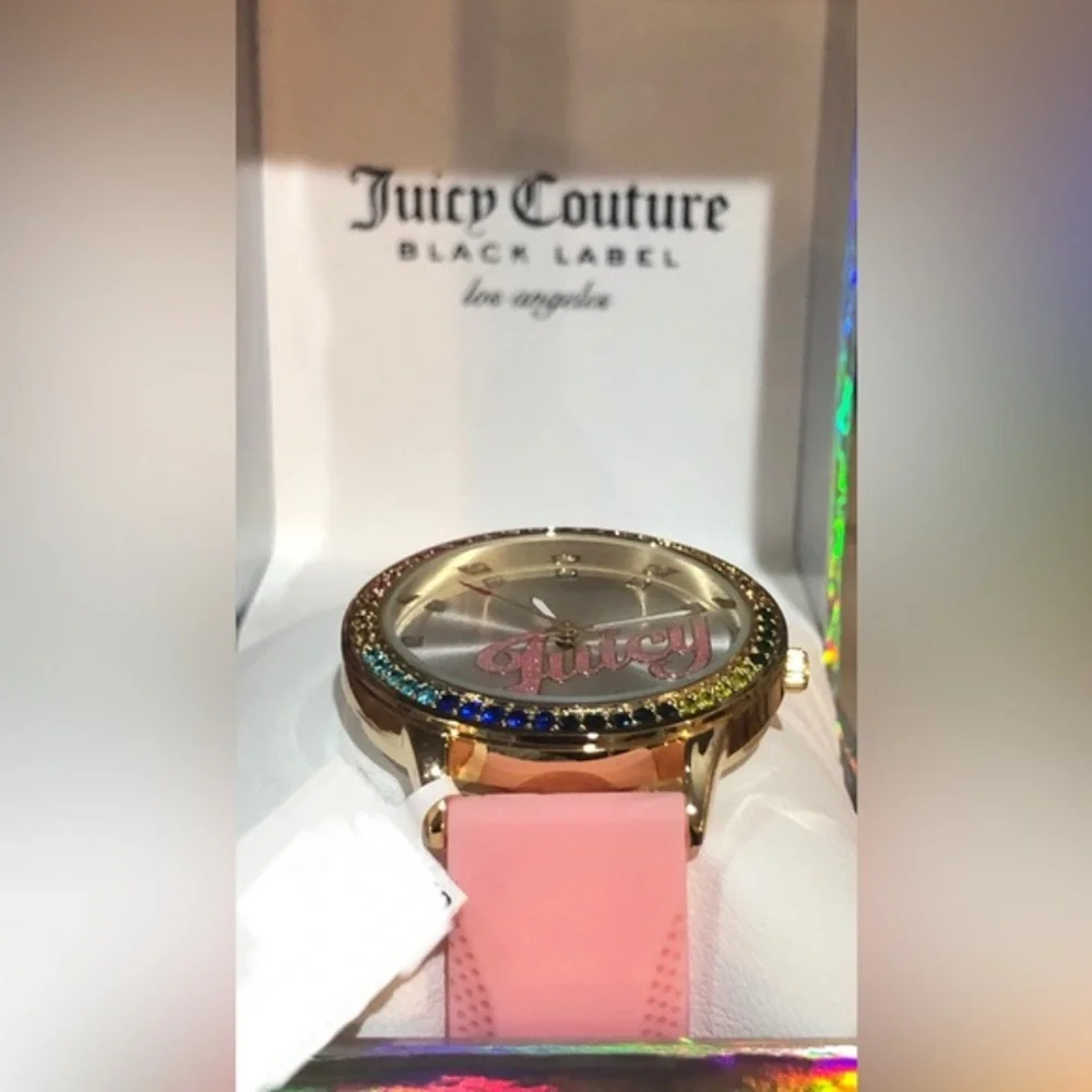 Juicy Couture black label pink silicon strap silver face rainbow dial‎ watch new